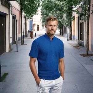 Jack O'Neill Men's Blue Geo Print Button Down Shirt XL Cotton Short Sleeve EXC